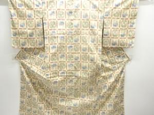 未使用品　変わり格子に花模様織り出し十日町紬着物